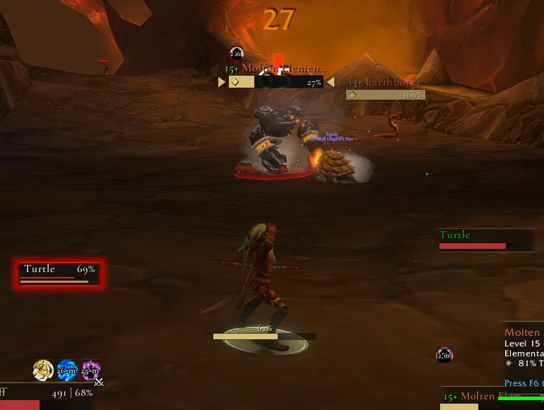 Nameplates close up: a target plate with arrow markers, a second enemy plate, a friendly pet shown by name only, and the pet frame glowing with threat.