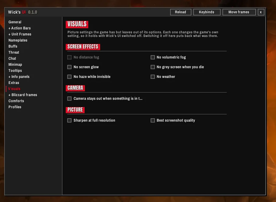 The Visuals settings page.